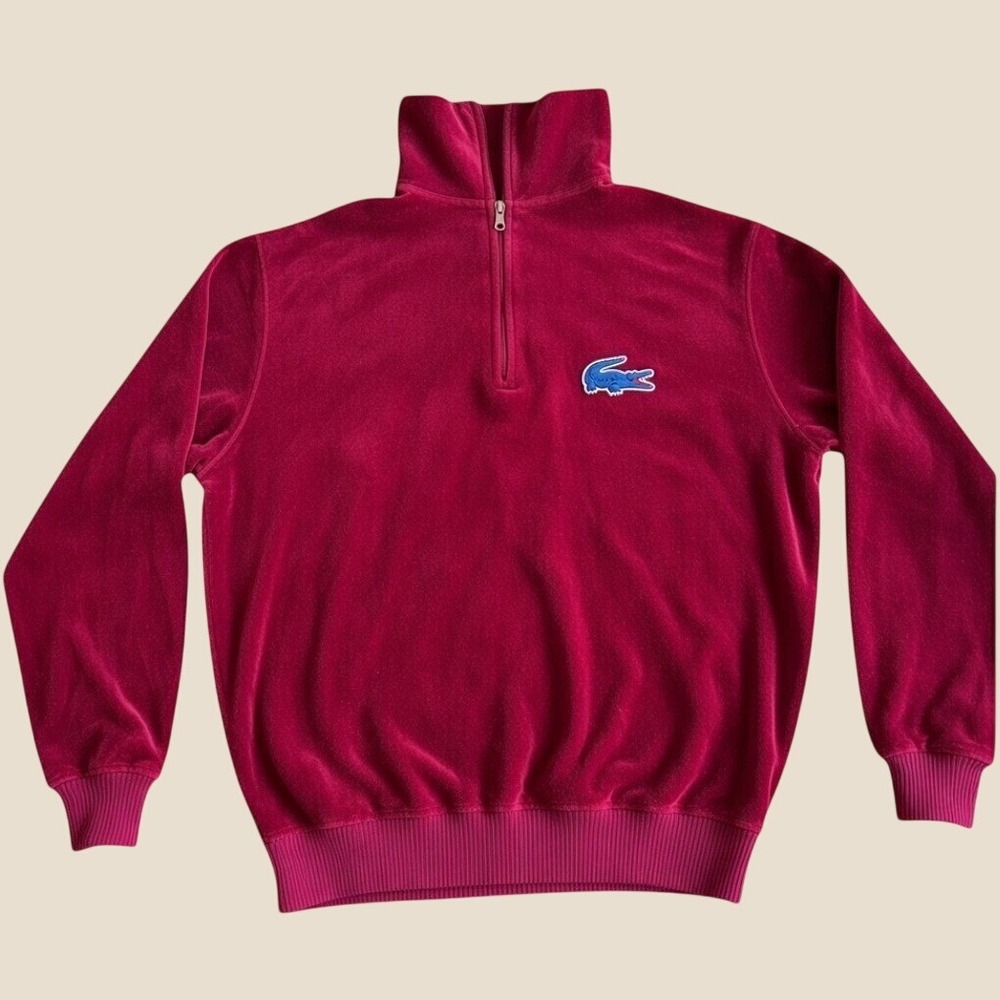 Vintage Izod Lacoste Mens Burgundy Velour Quarter Zip Pullover Sweatshirt L